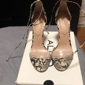 Tie up snake print ALDO heels with clear strap